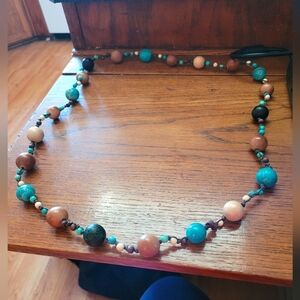 22" Wood Bead Necklace Brown Tan Blue